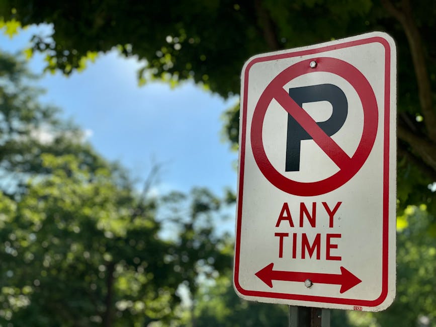 A rectangular UK road sign with a white background and red border indicating no parking at any time, featuring a large black letter 'P' crossed out with a red circle and slash. Below the symbol, the words 'ANY TIME' are printed in red capital letters. An arrow points horizontally left and right, indicating restrictions apply in both directions. The sign is mounted on a metal pole positioned on a pavement, with green leafy trees in the blurred background under a bright blue sky with some clouds. This signage relates to parking restrictions that can impact home relocation and furniture transport logistics, as managed by Man with Van Pimlico for removals services in the Pimlico area.