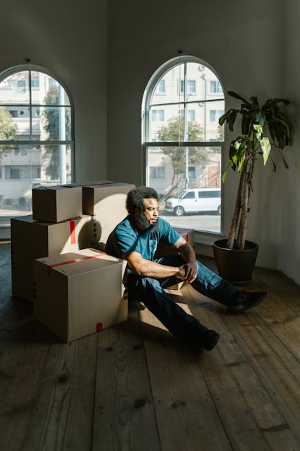 A man with curly black hair and wearing a blue t-shirt and dark pants is sitting on a wooden floor in a room with large arched windows, natural light illuminating the space. He is surrounded by several sealed cardboard boxes of varying sizes, some with red packing tape, indicating they are prepared for transport. Behind him, there is a tall potted plant with broad green leaves, positioned near the window. The room has a minimalistic appearance with plain white walls and no other furniture visible, suggesting it is in the process of being packed or prepared for a home relocation. This scene depicts the initial stages of packing or unloading involved in house removals and furniture transport, aligning with the services offered by Man with Van Pimlico for same-day flat moves in Pimlico.